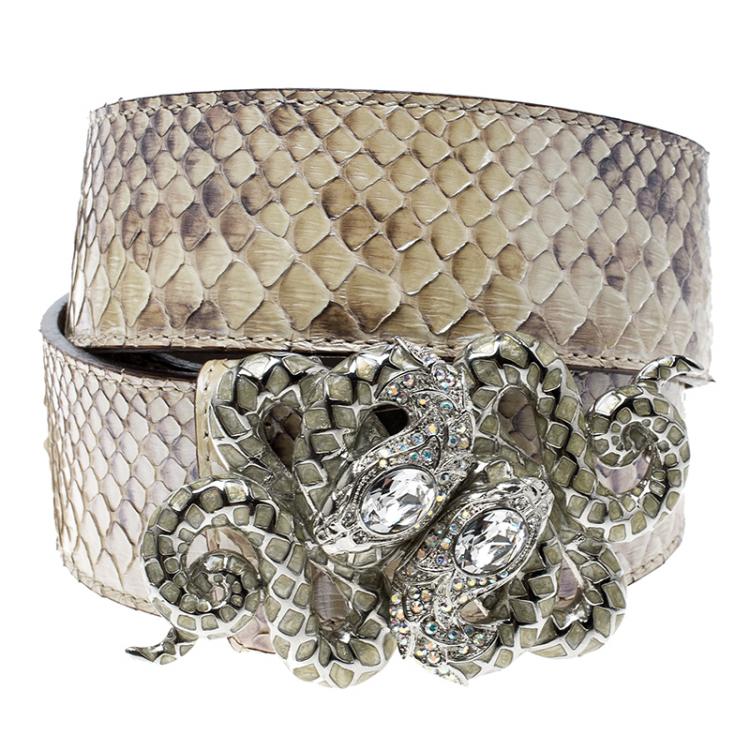 Pre Owned Roberto Cavalli Beige Python Serpenti Buckle Belt 95cm