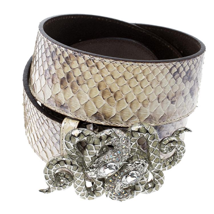 Pre Owned Roberto Cavalli Beige Python Serpenti Buckle Belt 95cm