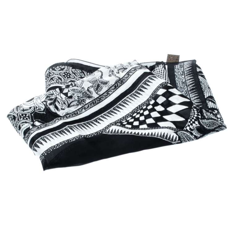 Pre Owned Roberto Cavalli Monochrome Printed Silk Chiffon Stole