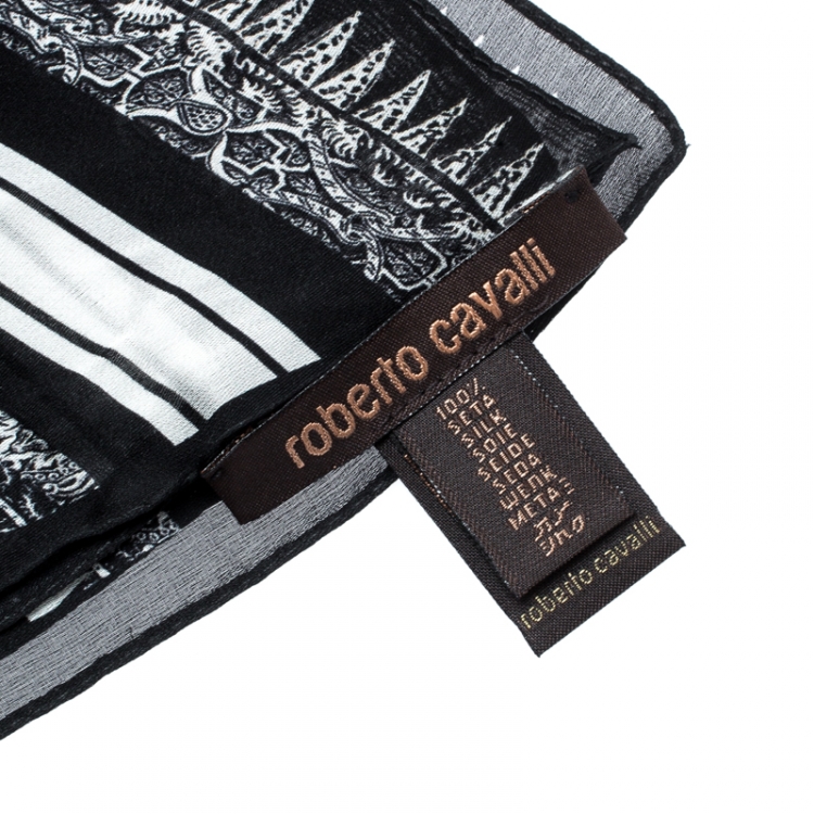 Pre Owned Roberto Cavalli Monochrome Printed Silk Chiffon Stole