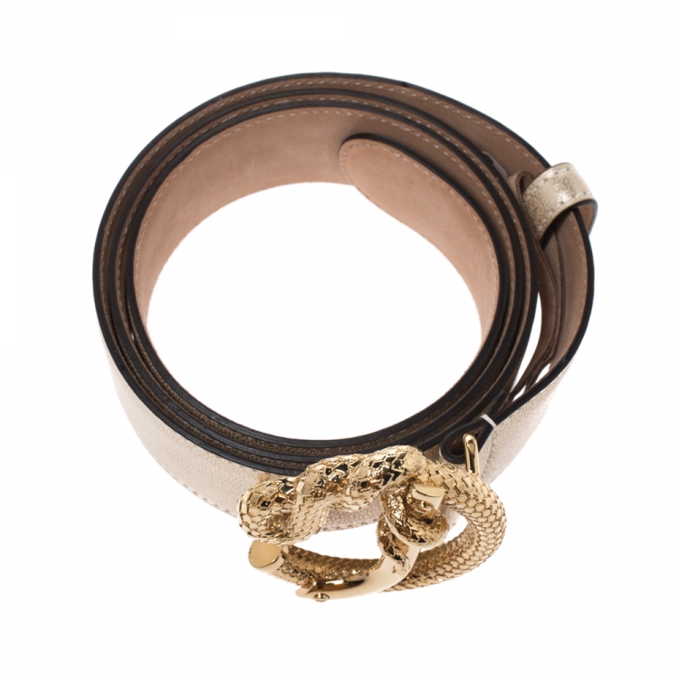 Pre Owned Roberto Cavalli Metallic Gold Leather Snake Buckle Belt 95CM