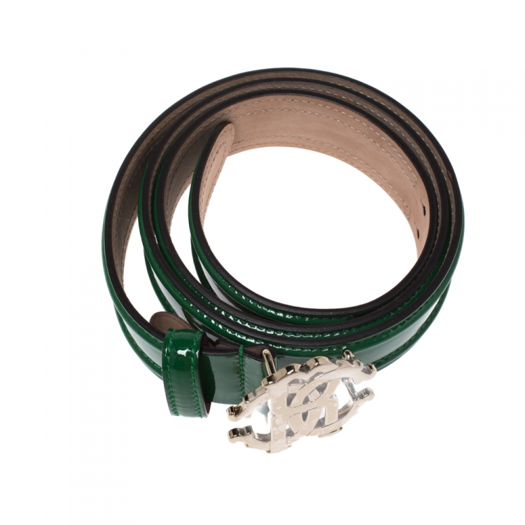Pre Owned Roberto Cavalli Green Patent Leather Logo Buckle Belt 95CM