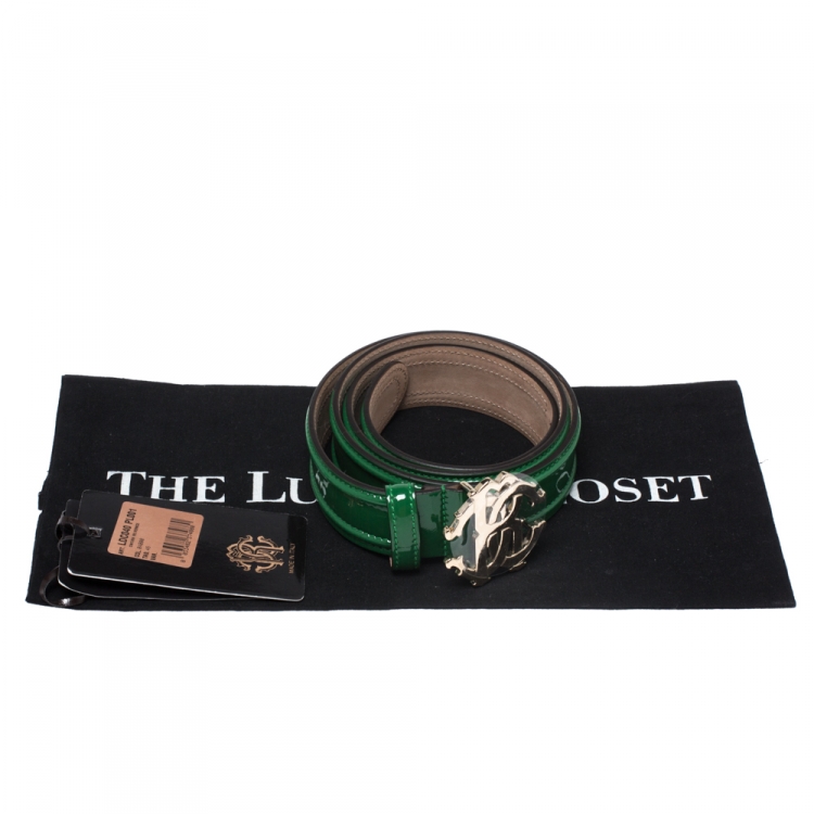 Pre Owned Roberto Cavalli Green Patent Leather Logo Buckle Belt 95CM