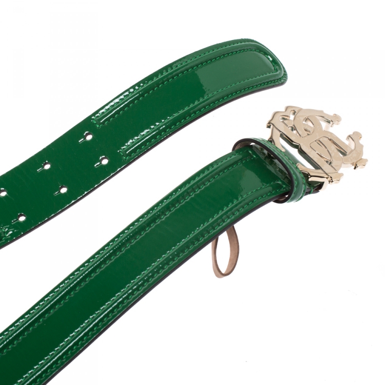 Pre Owned Roberto Cavalli Green Patent Leather Logo Buckle Belt 95CM