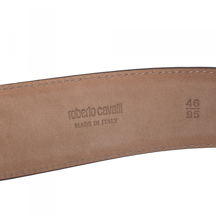 Pre Owned Roberto Cavalli Metallic Silver Leather Snake Buckle Belt 95CM