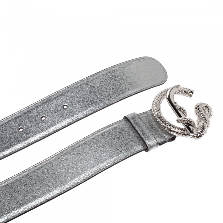 Pre Owned Roberto Cavalli Metallic Silver Leather Snake Buckle Belt 95CM