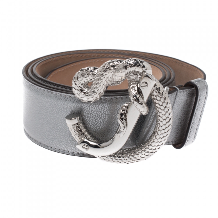 Pre Owned Roberto Cavalli Metallic Silver Leather Snake Buckle Belt 95CM