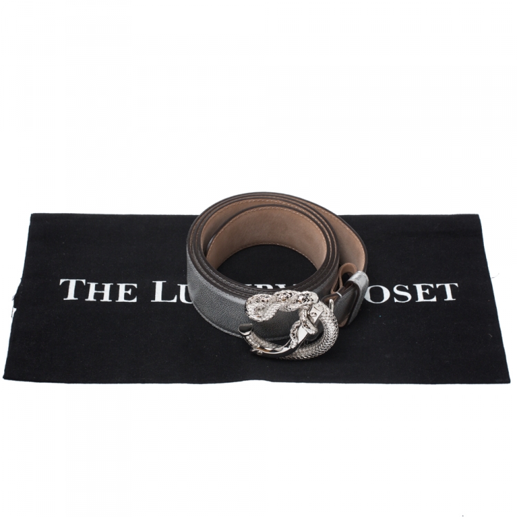 Pre Owned Roberto Cavalli Metallic Silver Leather Snake Buckle Belt 95CM