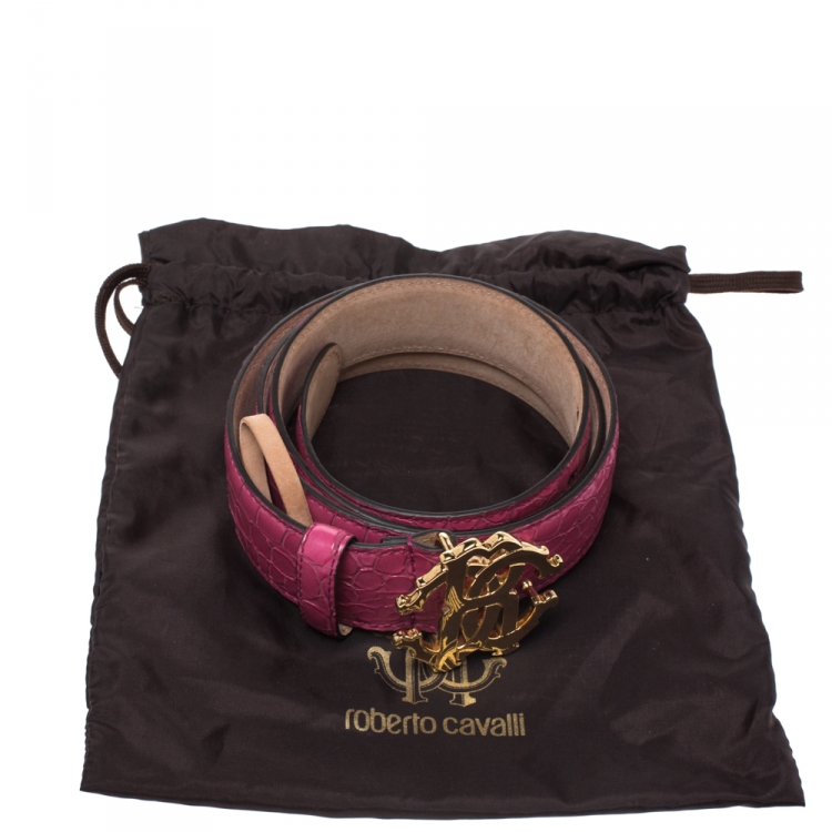 Pre Owned Roberto Cavalli Fuchsia Croc Embossed Leather Logo Buckle Belt 95CM