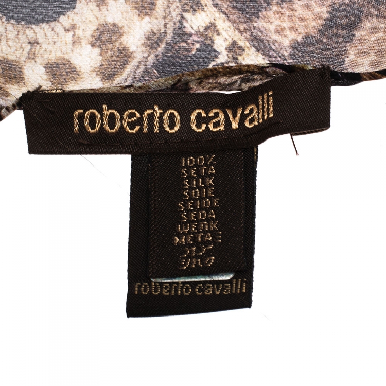 Pre Owned Roberto Cavalli Brown Leopard Snake Print Silk Scarf