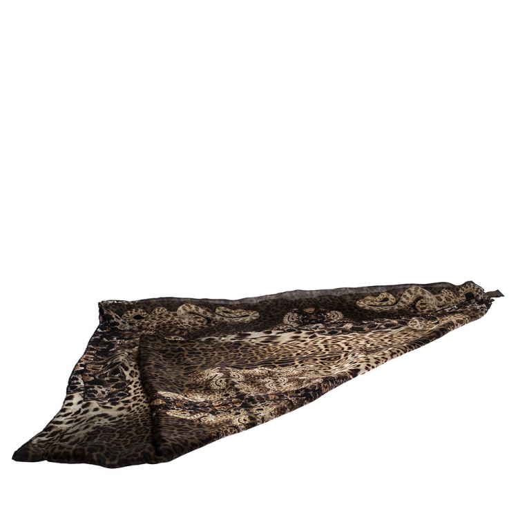 Pre Owned Roberto Cavalli Brown Leopard Snake Print Silk Scarf