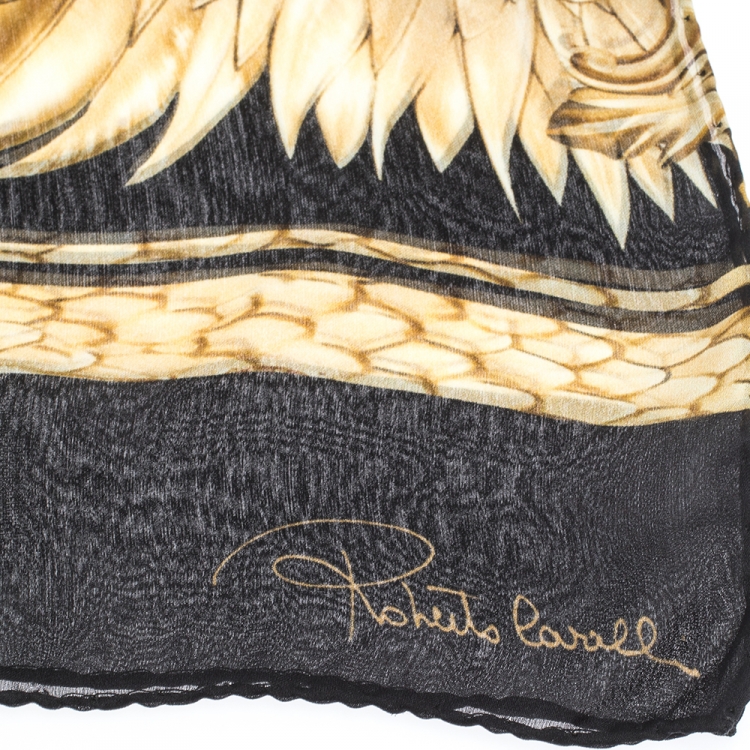 Pre Owned Roberto Cavalli Yellow & Black Eagle Print Silk Scarf