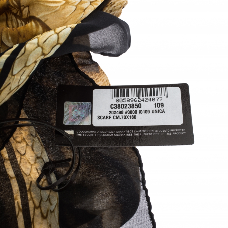 Pre Owned Roberto Cavalli Yellow & Black Eagle Print Silk Scarf