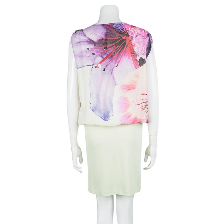 Pre Owned Roberto Cavalli Multicolor Printed Silk  Embellished Shoulder Detail Sleeveless Dress M