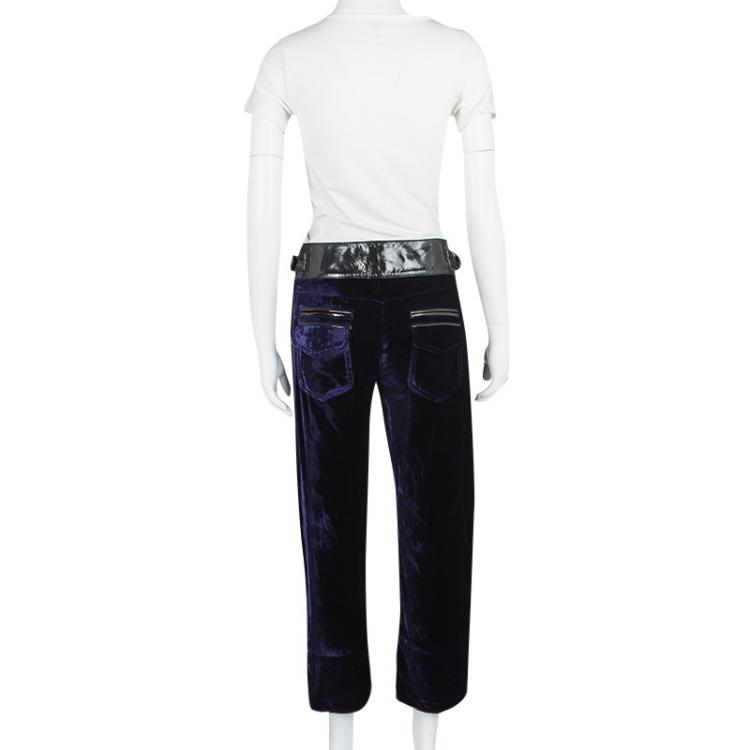 Pre Owned Roberto Cavalli Navy Blue Velvet Leather Trim Detail Belted Capri Pants M