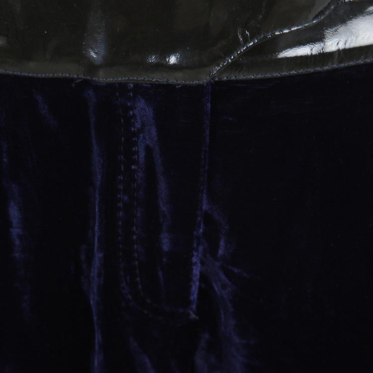Pre Owned Roberto Cavalli Navy Blue Velvet Leather Trim Detail Belted Capri Pants M