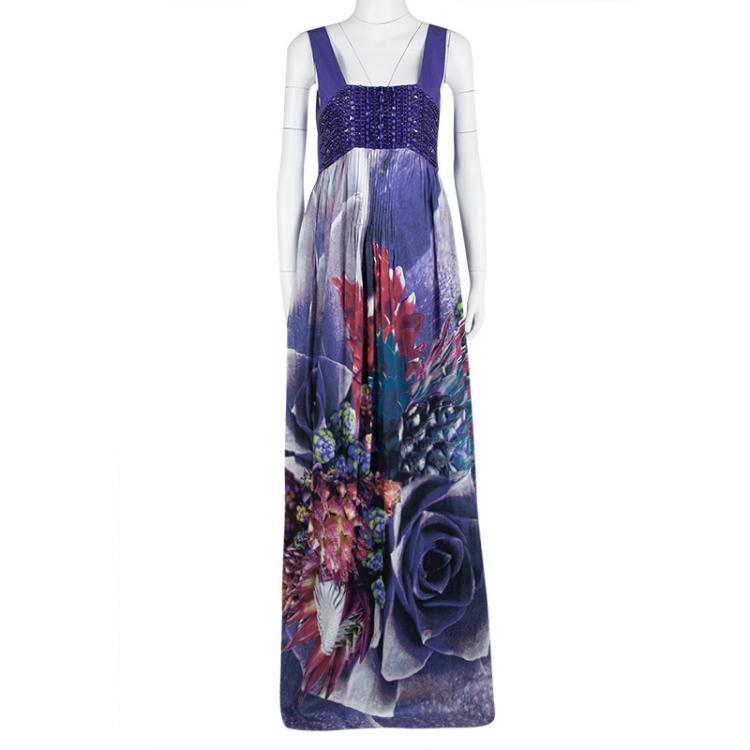 Pre Owned Roberto Cavalli Multicolour Floral Printed Embellished Bodice Sleeveless Maxi Dress M