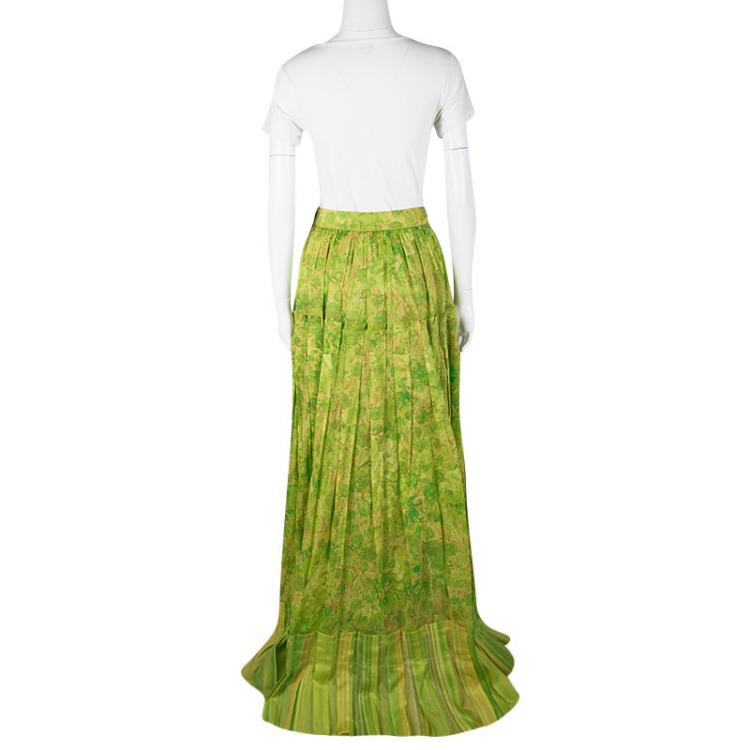 Pre Owned Roberto Cavalli Green and Yellow Floral Printed Cotton Pleat Detail Maxi Skirt M