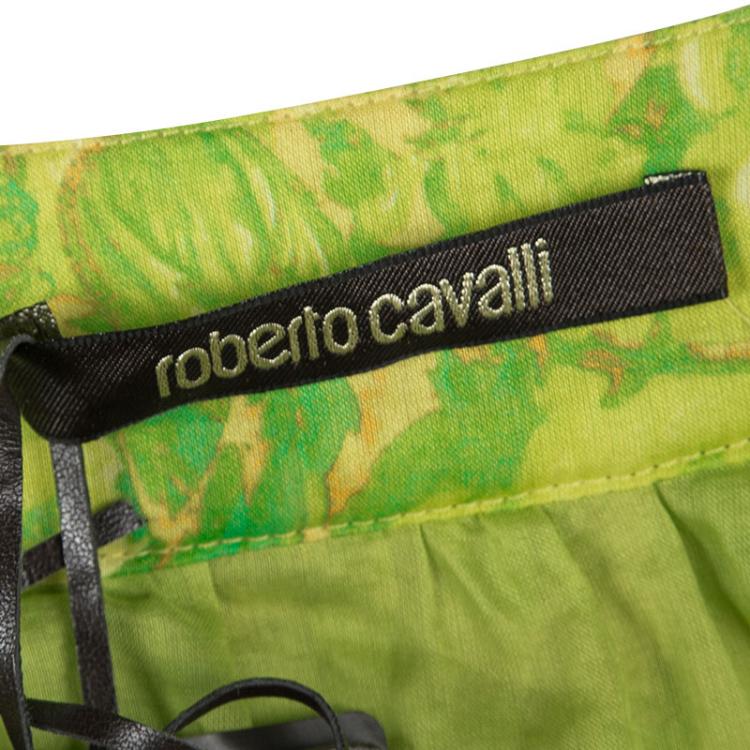 Pre Owned Roberto Cavalli Green and Yellow Floral Printed Cotton Pleat Detail Maxi Skirt M