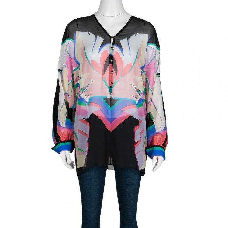Pre Owned Roberto Cavalli Multicolor Printed Silk Long Sleeve Sheer Blouse M