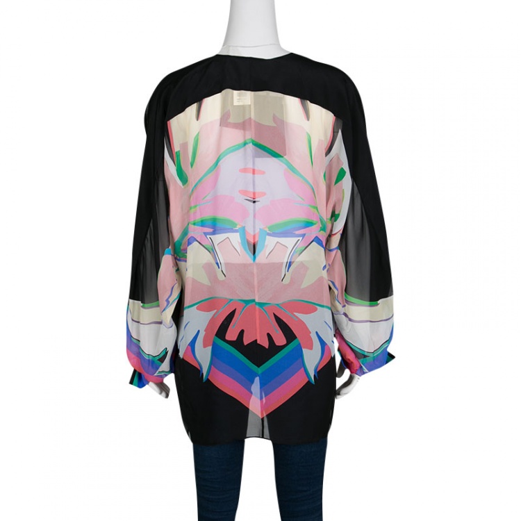 Pre Owned Roberto Cavalli Multicolor Printed Silk Long Sleeve Sheer Blouse M