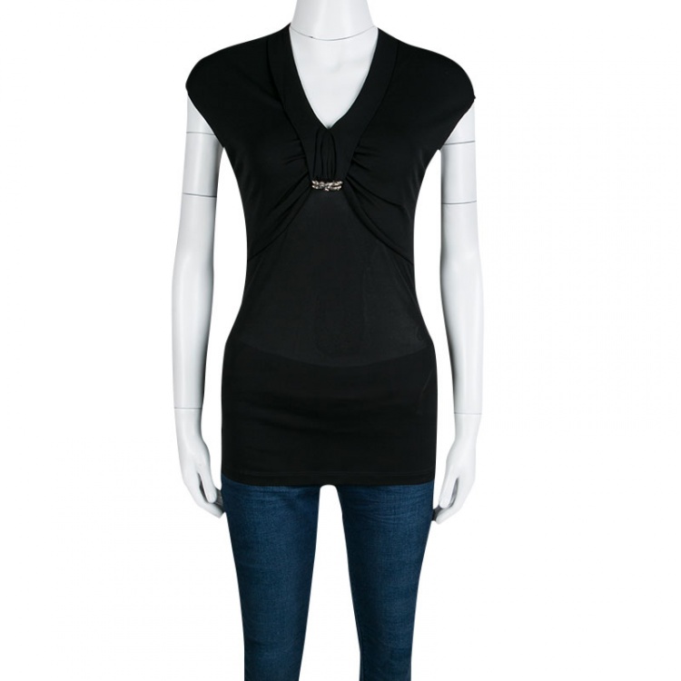 Pre Owned Roberto Cavalli Black Embellished Drape Detail Sleeveless V-Neck Top M
