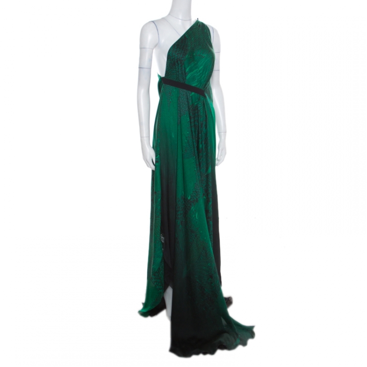 Pre Owned Roberto Cavalli Green and Black Ombre Feather Printed Silk Draped Maxi Dress L
