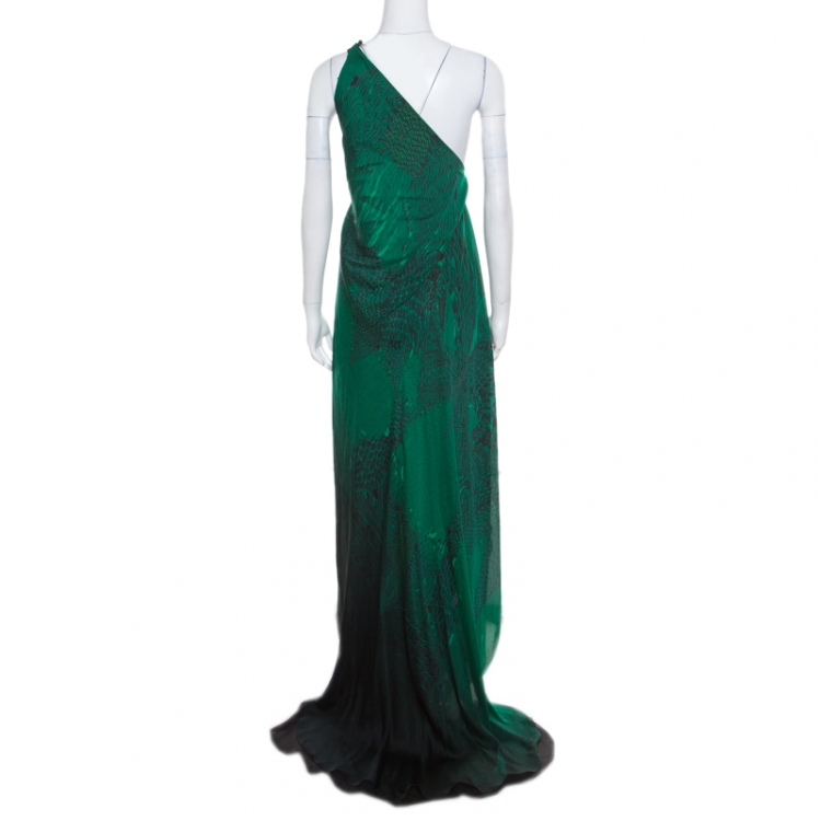 Pre Owned Roberto Cavalli Green and Black Ombre Feather Printed Silk Draped Maxi Dress L
