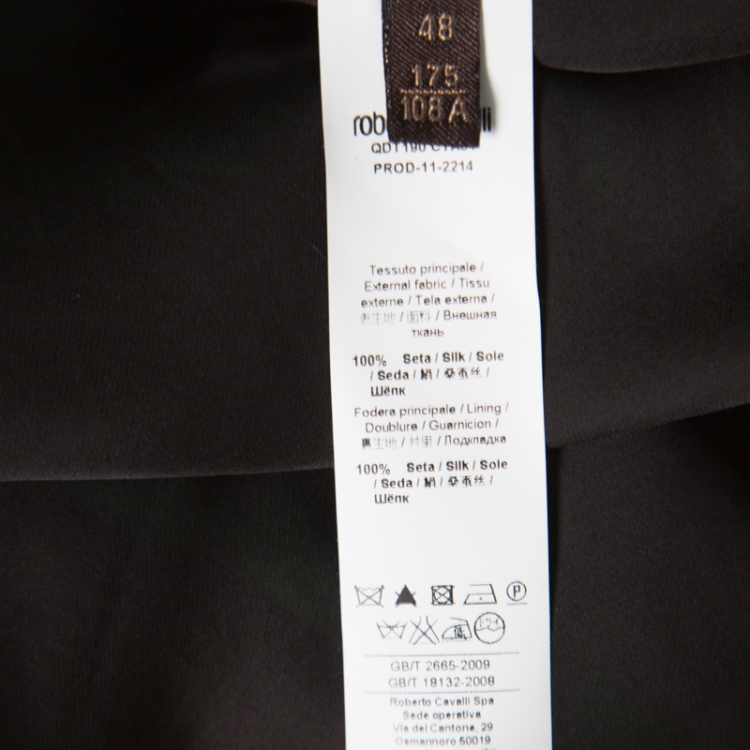 Pre Owned Roberto Cavalli Green and Black Ombre Feather Printed Silk Draped Maxi Dress L