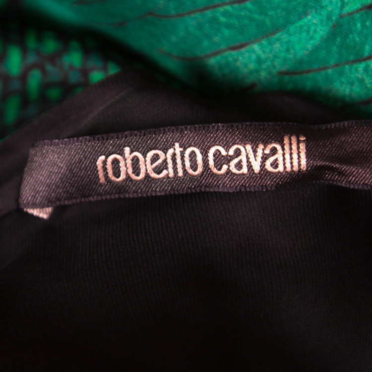 Pre Owned Roberto Cavalli Green and Black Ombre Feather Printed Silk Draped Maxi Dress L