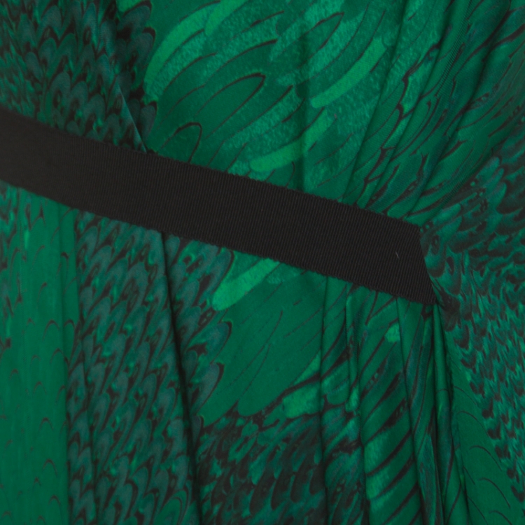 Pre Owned Roberto Cavalli Green and Black Ombre Feather Printed Silk Draped Maxi Dress L
