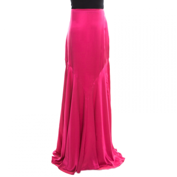Pre Owned Roberto Cavalli Magenta Pink Silk Satin Flared Maxi Skirt L