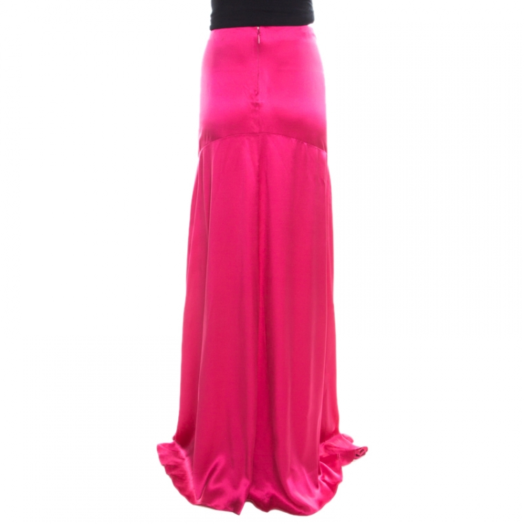 Pre Owned Roberto Cavalli Magenta Pink Silk Satin Flared Maxi Skirt L
