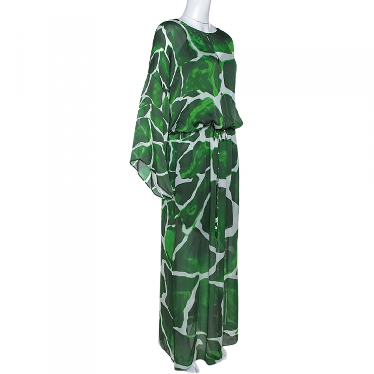 Pre Owned Roberto Cavalli Green Gaia Print Silk Chiffon Kaftan M