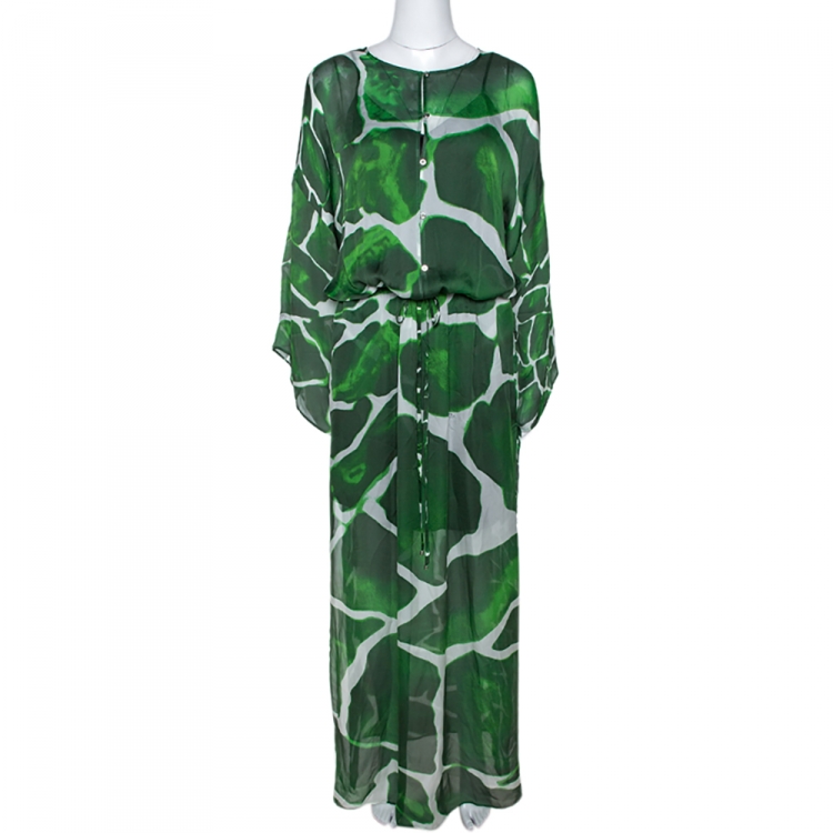 Pre Owned Roberto Cavalli Green Gaia Print Silk Chiffon Kaftan M