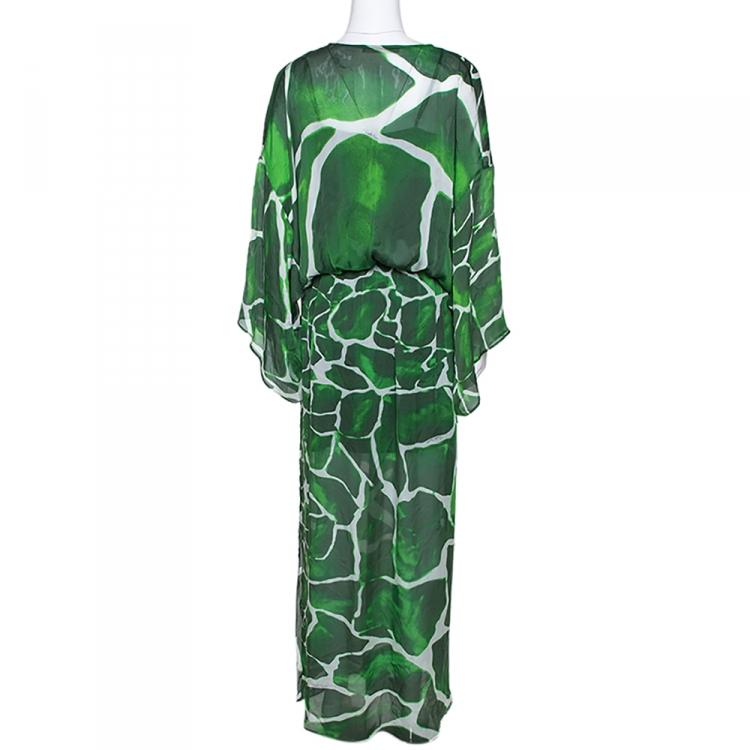 Pre Owned Roberto Cavalli Green Gaia Print Silk Chiffon Kaftan M