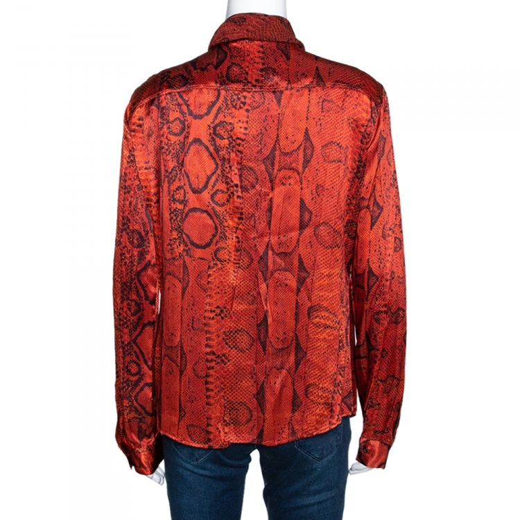 مملوكة مسبقًا Roberto Cavalli Red Snake Printed Silk Neck Tie Detail Top L