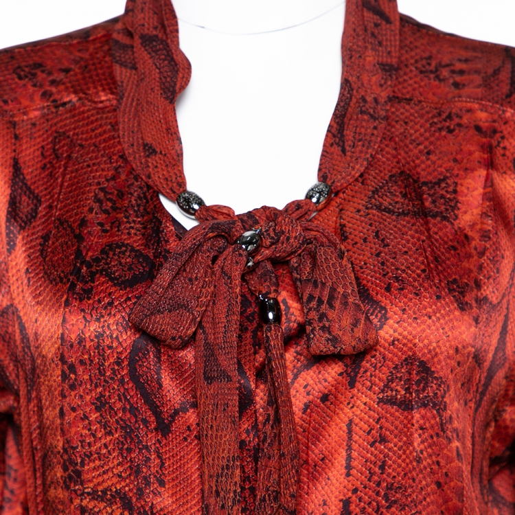 مملوكة مسبقًا Roberto Cavalli Red Snake Printed Silk Neck Tie Detail Top L
