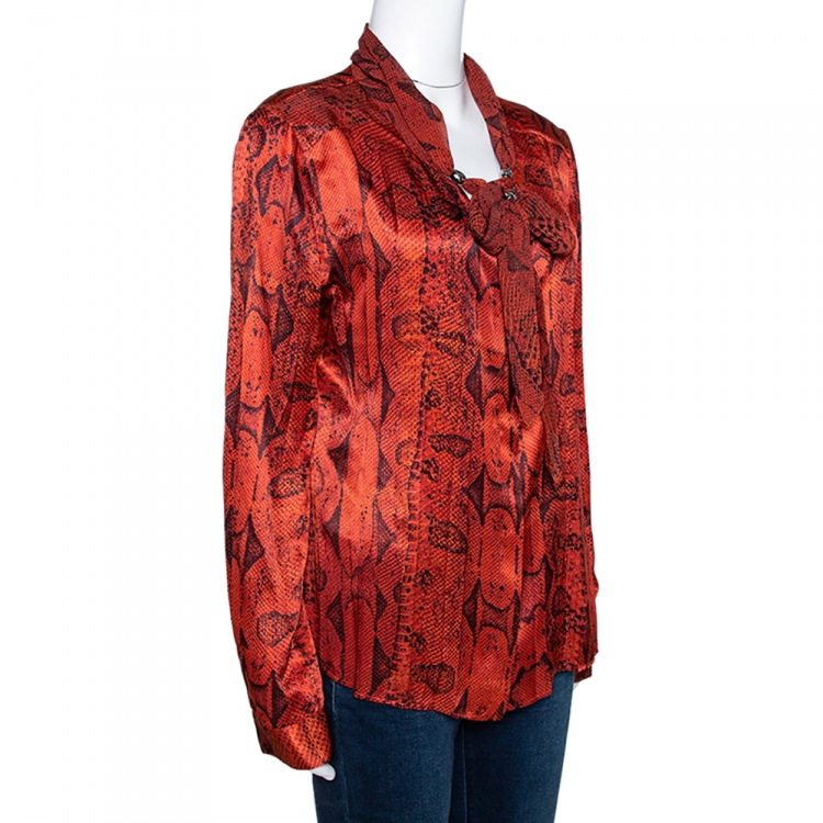 مملوكة مسبقًا Roberto Cavalli Red Snake Printed Silk Neck Tie Detail Top L