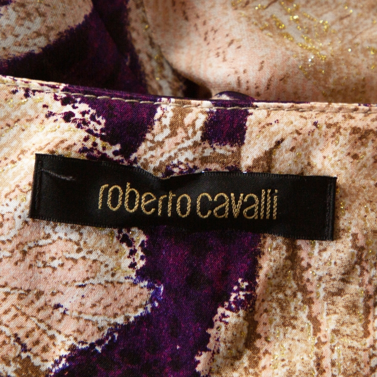 Pre Owned Roberto Cavalli Purple Floral Foil Print Silk Tunic Top L
