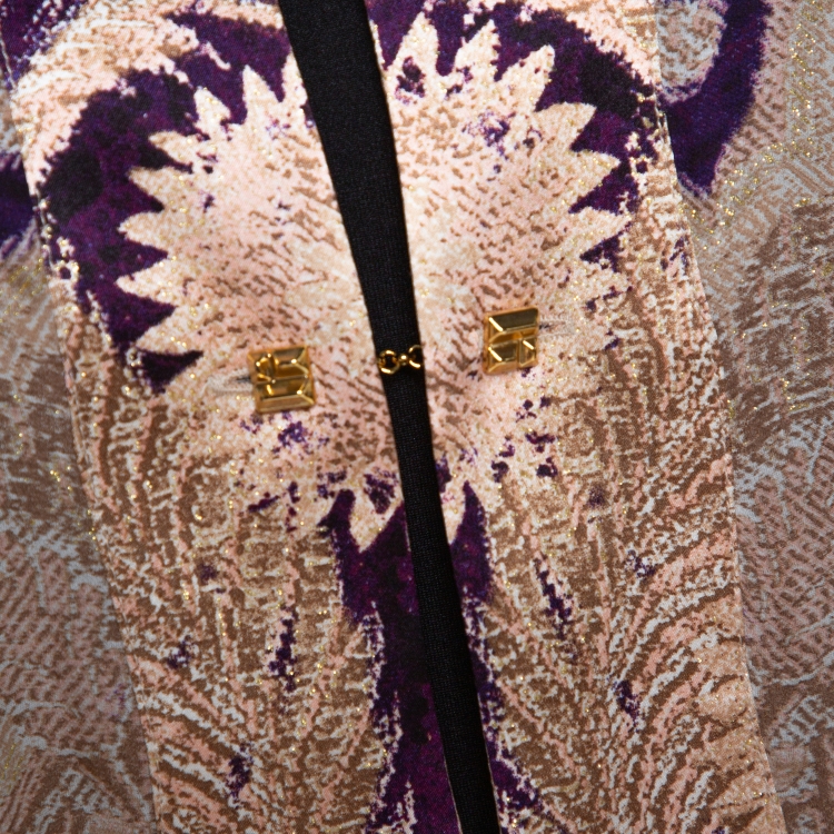 Pre Owned Roberto Cavalli Purple Floral Foil Print Silk Tunic Top L