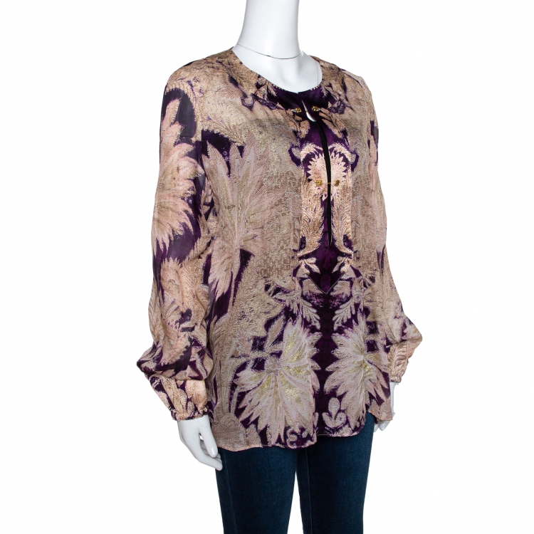 Pre Owned Roberto Cavalli Purple Floral Foil Print Silk Tunic Top L