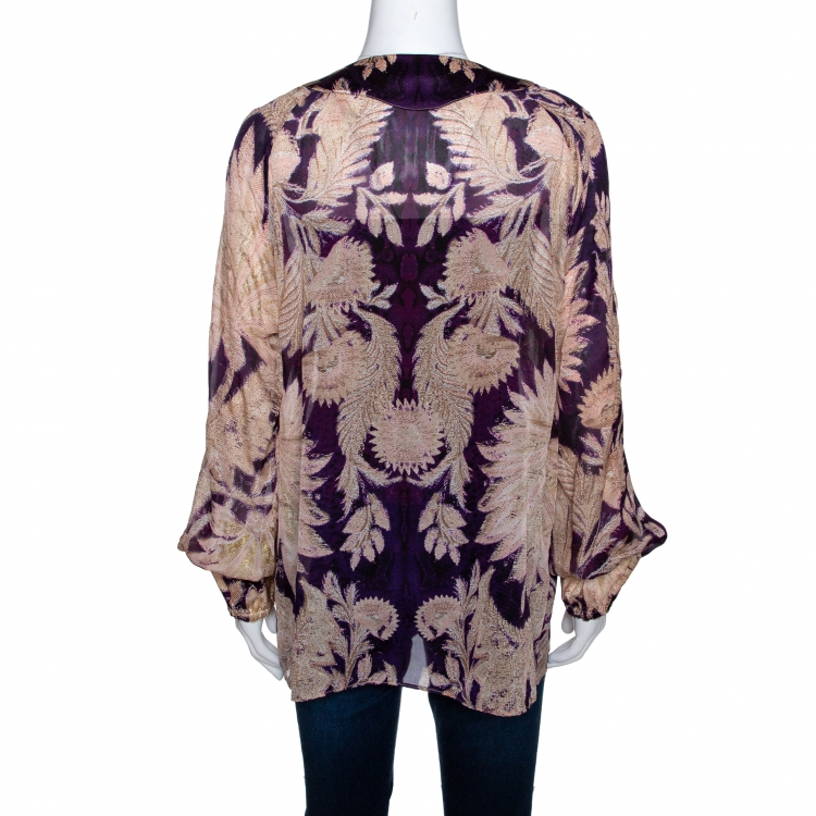 Pre Owned Roberto Cavalli Purple Floral Foil Print Silk Tunic Top L