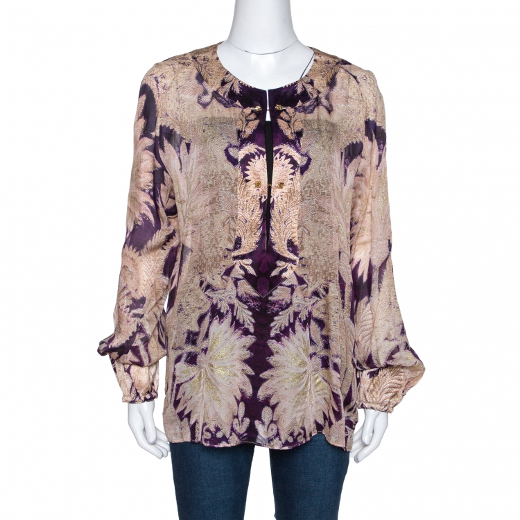 Pre Owned Roberto Cavalli Purple Floral Foil Print Silk Tunic Top L