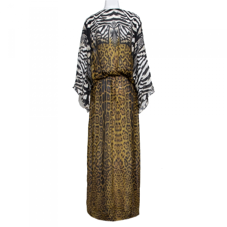 Pre Owned Roberto Cavalli Black & Green Animal Print Silk Maxi Dress L