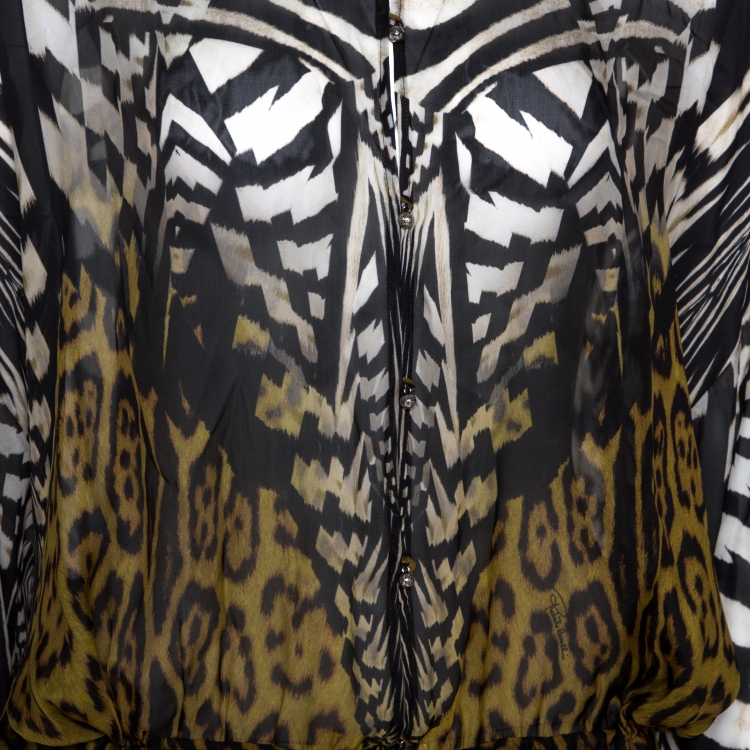 Pre Owned Roberto Cavalli Black & Green Animal Print Silk Maxi Dress L