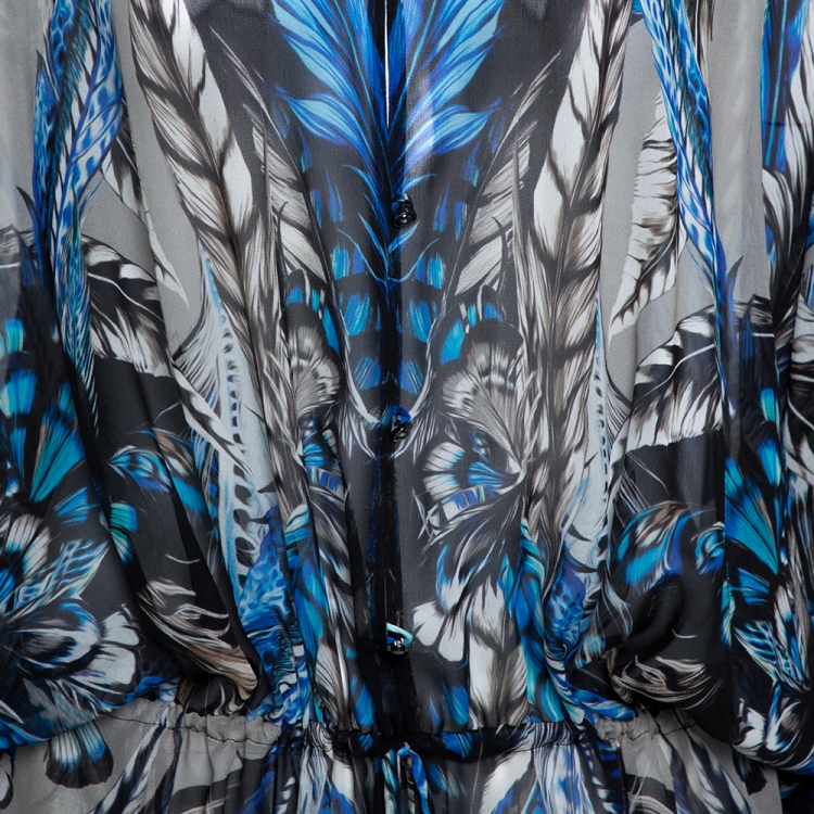 Pre Owned Roberto Cavalli Blue Floral Print Silk Maxi Dress L
