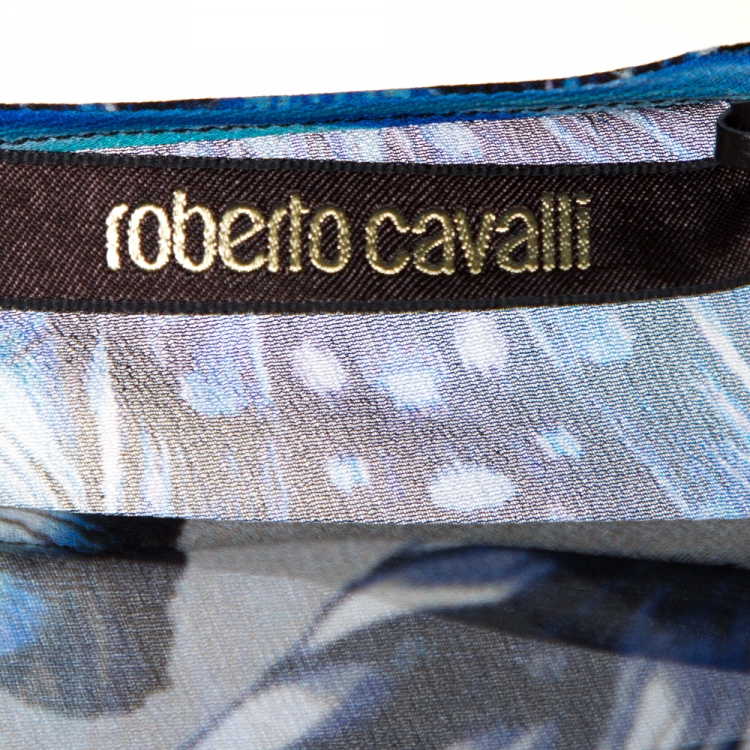 Pre Owned Roberto Cavalli Blue Floral Print Silk Maxi Dress L