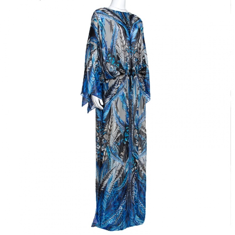 Pre Owned Roberto Cavalli Blue Floral Print Silk Maxi Dress L