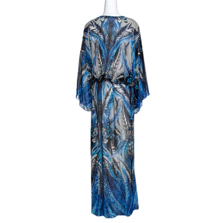 Pre Owned Roberto Cavalli Blue Floral Print Silk Maxi Dress L